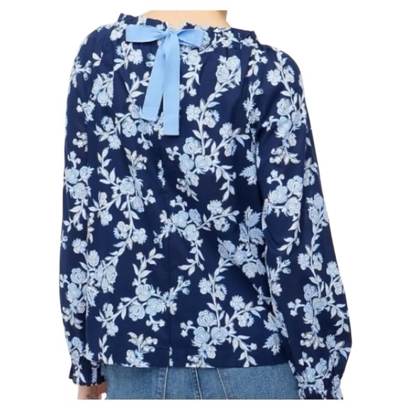 NWT J. Crew Factory Tie Back Ruffle Neck Top Blue Floral #BP805 - Picture 2 of 4